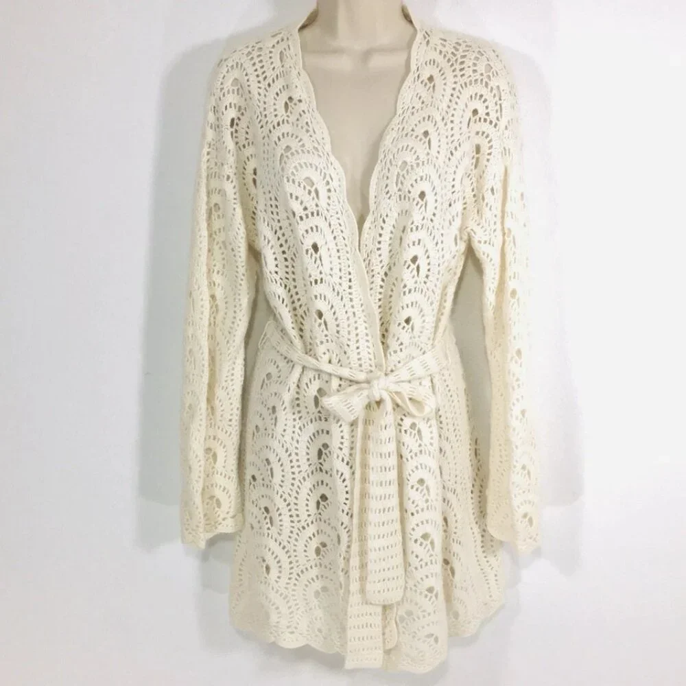 Jones New York Crochet Wool Angora Blend Open Cardigan Sweater Sz M Boho Chic